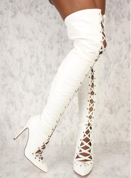 Ribbon Tie Heel - Mode Frauen Weiß Schwarz Solide Wildleder