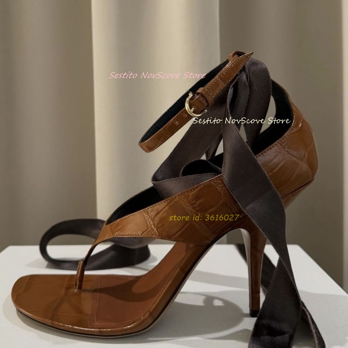 Women Shoes Formal - Braune offene Zehen-Schnürsandalen, Flip-Flops, Knöchelriemen, Schnalle,