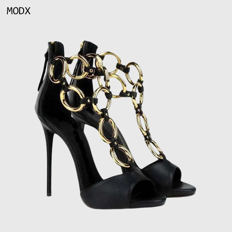 Damen Schwarze Leder-Sandalen  – Gold Chain Sandal Bewertung und Preis