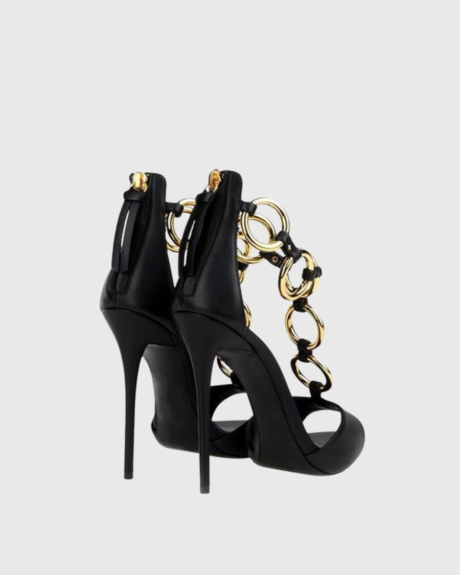 Damen Schwarze Leder-Sandalen  – Gold Chain Sandal Bewertung und Preis