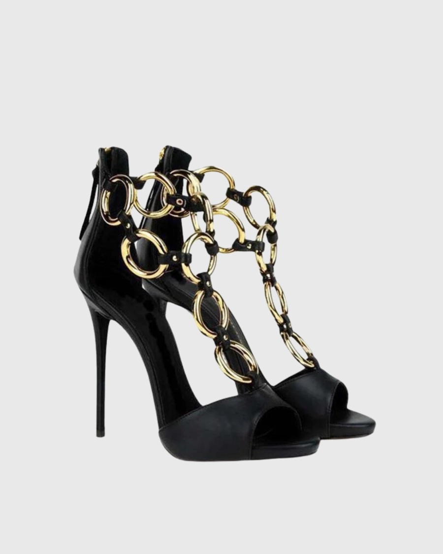 Damen Schwarze Leder-Sandalen  – Gold Chain Sandal Bewertung und Preis