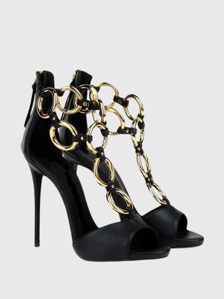 Damen Schwarze Leder-Sandalen  – Gold Chain Sandal Bewertung und Preis